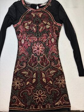 Chelsea & Violet Black Long-Sleeve Dress with Pink and Gold Embroidery